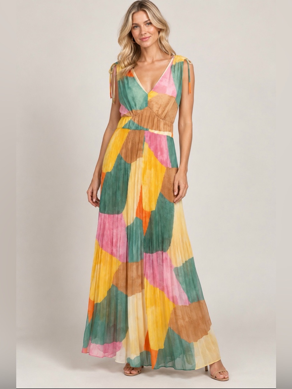 Cato Pleated Maxi Dress in Green, Pink, Yellow, Brown